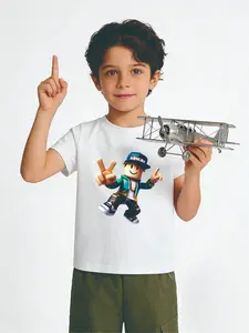 Roblox Game Cartoon Character Cool Figure Design Print Short Sleeve T-Shirt, Boys Round Neck Summer Fashion, Youth Casual Wear