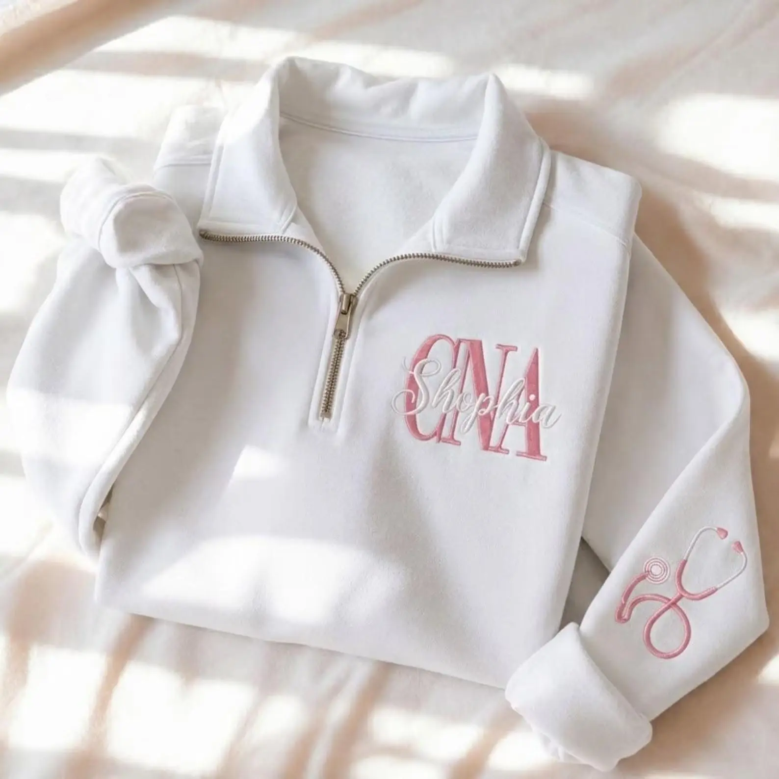 [MAKE IN US]Personalized CNA Monogram Quarter Zip, Custom Name CNA Crewneck, Embroidered Stethoscope Sleeve Gift, Nursing Graduation Sweater