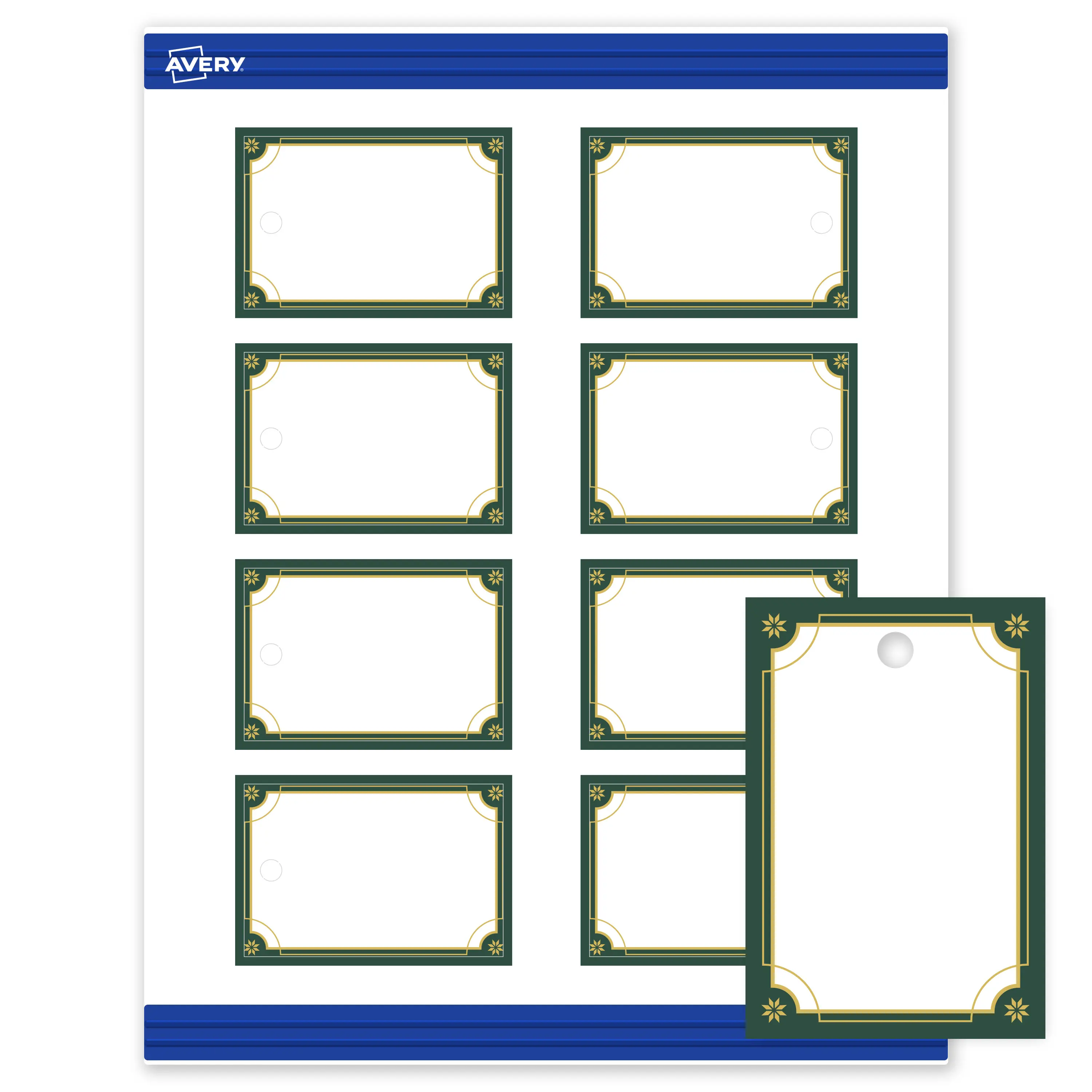 Avery® Printable Christmas Tags with Sure Feed® Technology, Rectangle, 2" x 3", Pre-Printed Green & Metallic Gold Border Design, Matte White, Laser & Inkjet Compatible, 80 Total