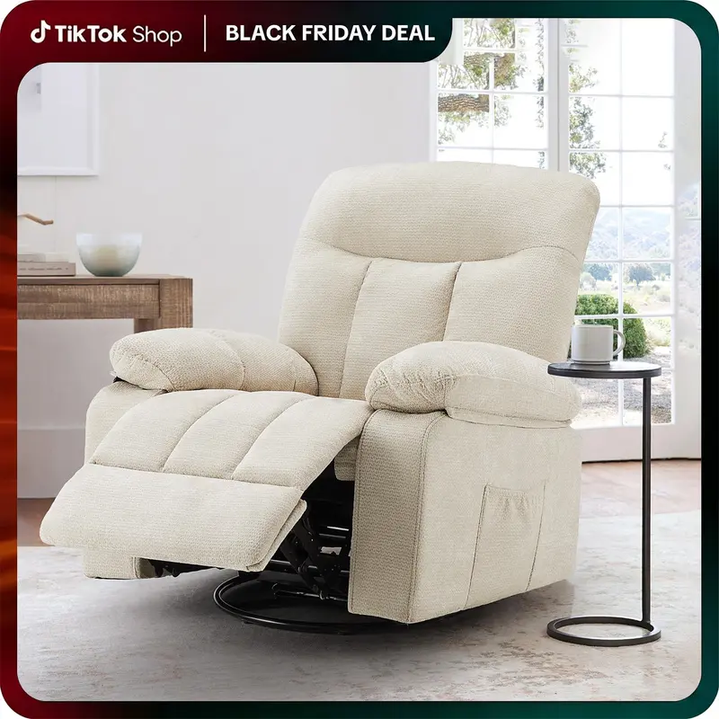 Sweetcrispy Rocker Recliner Chair, Swivel Recliner with Vibration Massage & Lumbar Heating, 270° Rotating Chenille Fabric Recliner with footrest for Living Room & Bedroom
