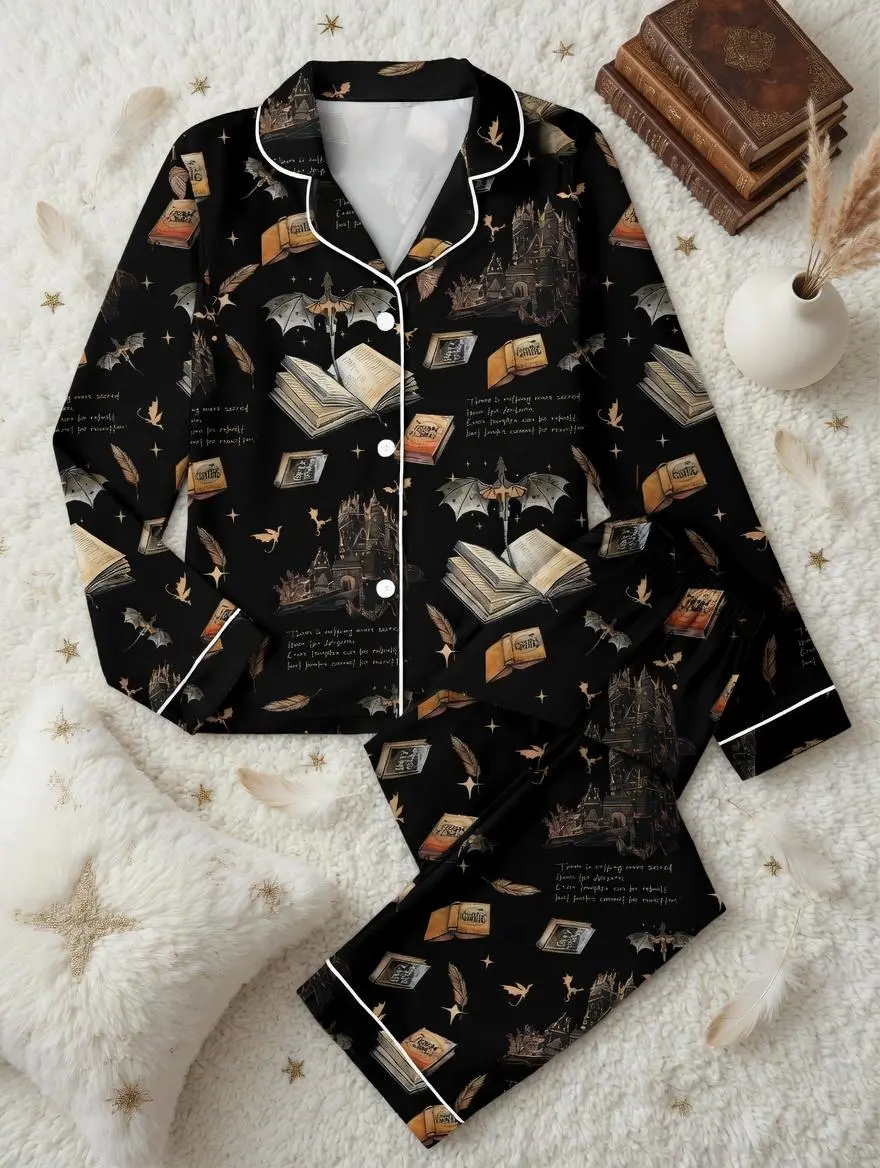 Fourth Wing Satin Pajamas Set, Dragon Book Sleepwear, Violet Sorrengail Nightwear, Book lovers Pjs