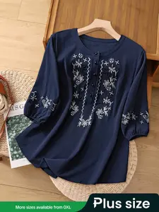 Plus Size Women's Ethnic Embroidered Woven Shirt, Casual Long Sleeve Button Front Blouse, Fall & Winter Fashion Top for Ladies