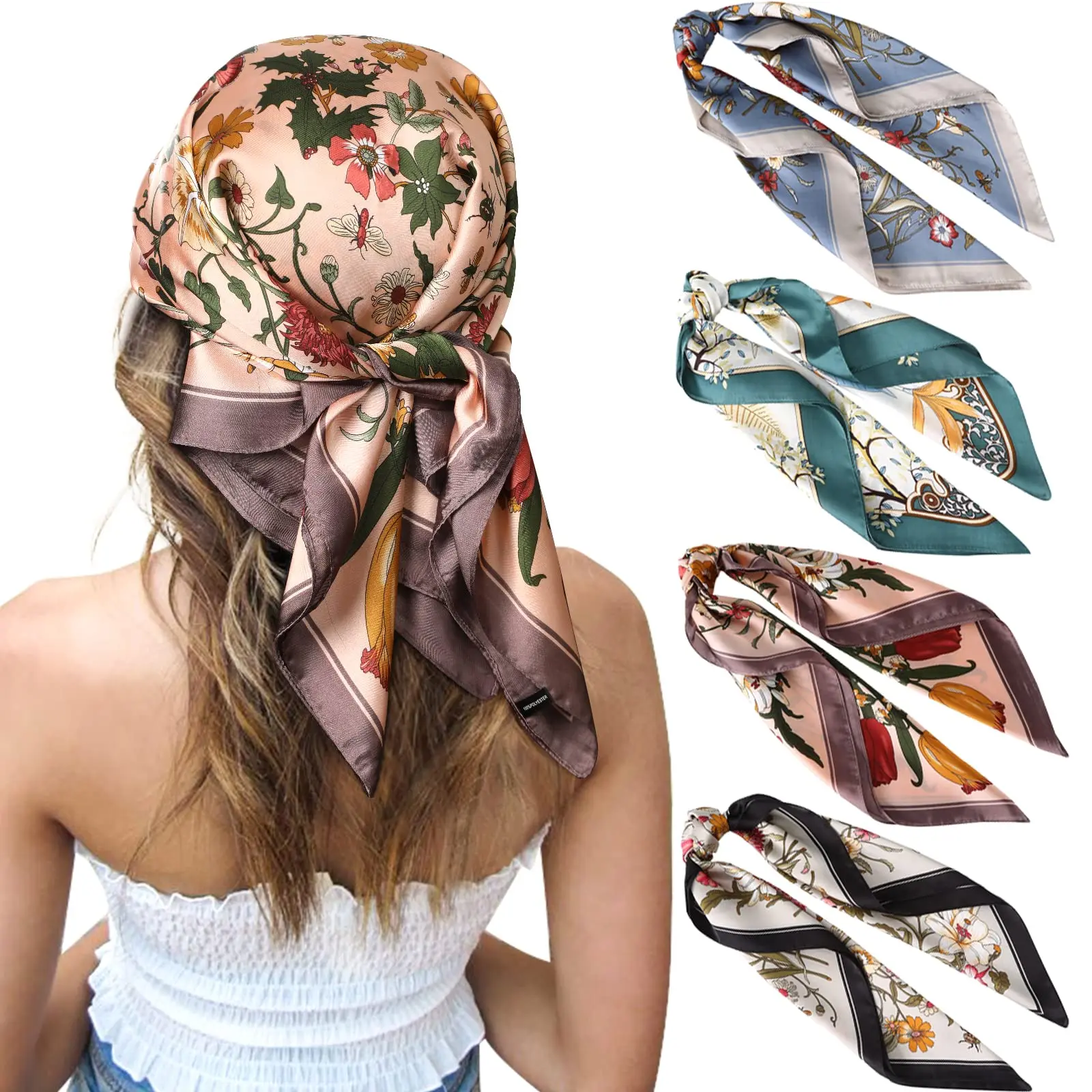 Women's 4-Piece Silk-Feeling Headscarf Set - 27-In Square Solid Color Polyester Synthetic Satin Hair Wrap, Fashion Shawl Wrap, Neck Scarf Bandana (Square Size), Sweet Anniversary Gift Idea, All-Year, Parties, Satin‑Smooth