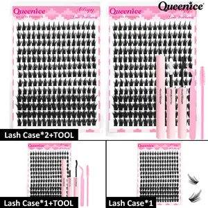Natural Tip Lash Clusters 9-16mm D Curl Slim Lengthening Comic Style Fairy Makeup Wet Look Lash Clusters with Glue Tweezers Brush Dramatic Makeup Home Salon for Party Travel Work Beginners