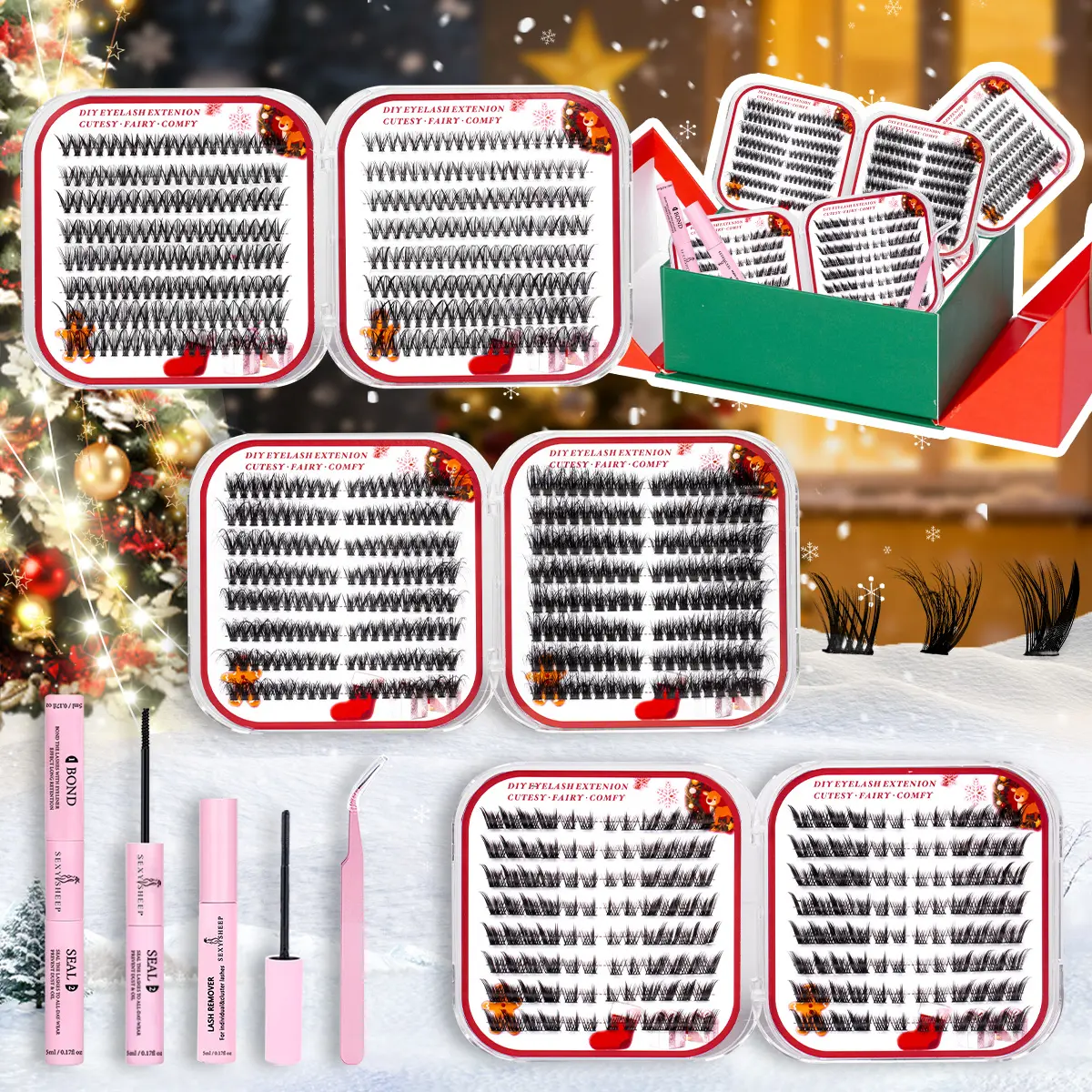 Christmas Eyelash Cluster Set, Mixed Styles Lashes 576pcs with Adhesive & Remover, Soft False Eyelashes DIY Kit for Beginners