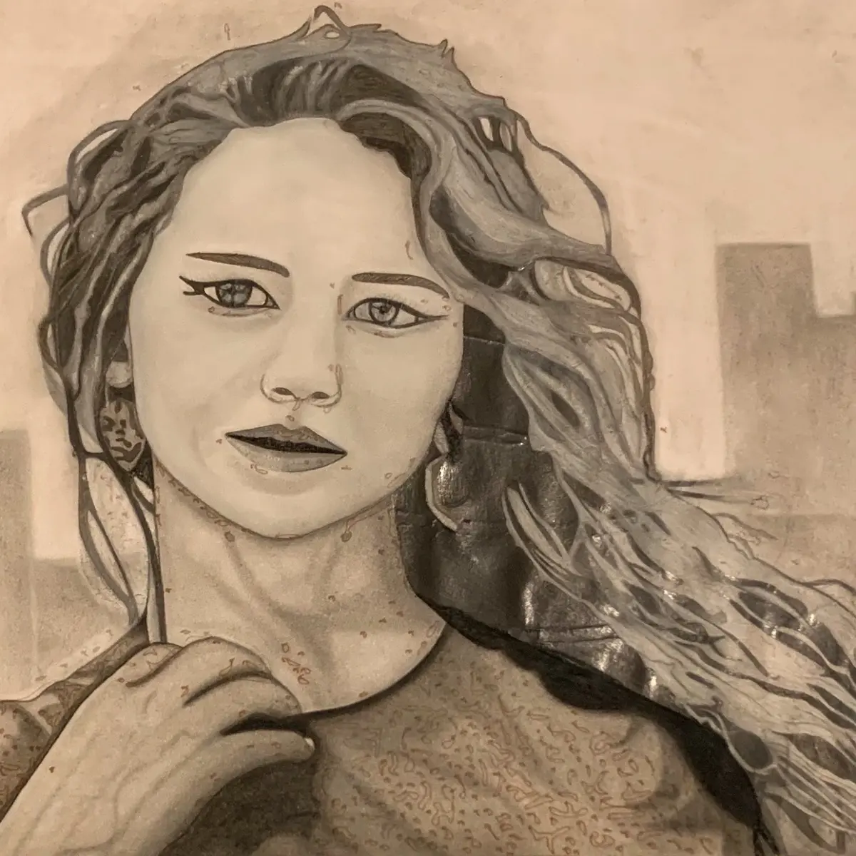 Black and white drawing of Jennifer Lawrence Hanging Wall Decor Room Charcoal Artistic