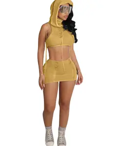 Streetwear Crochet Knit Co Ord Sets for Women Two Piece Outfits 2023 Hole Hooded Crop Top and Mini Skirts Y2K Night Club Outfit Doyerl