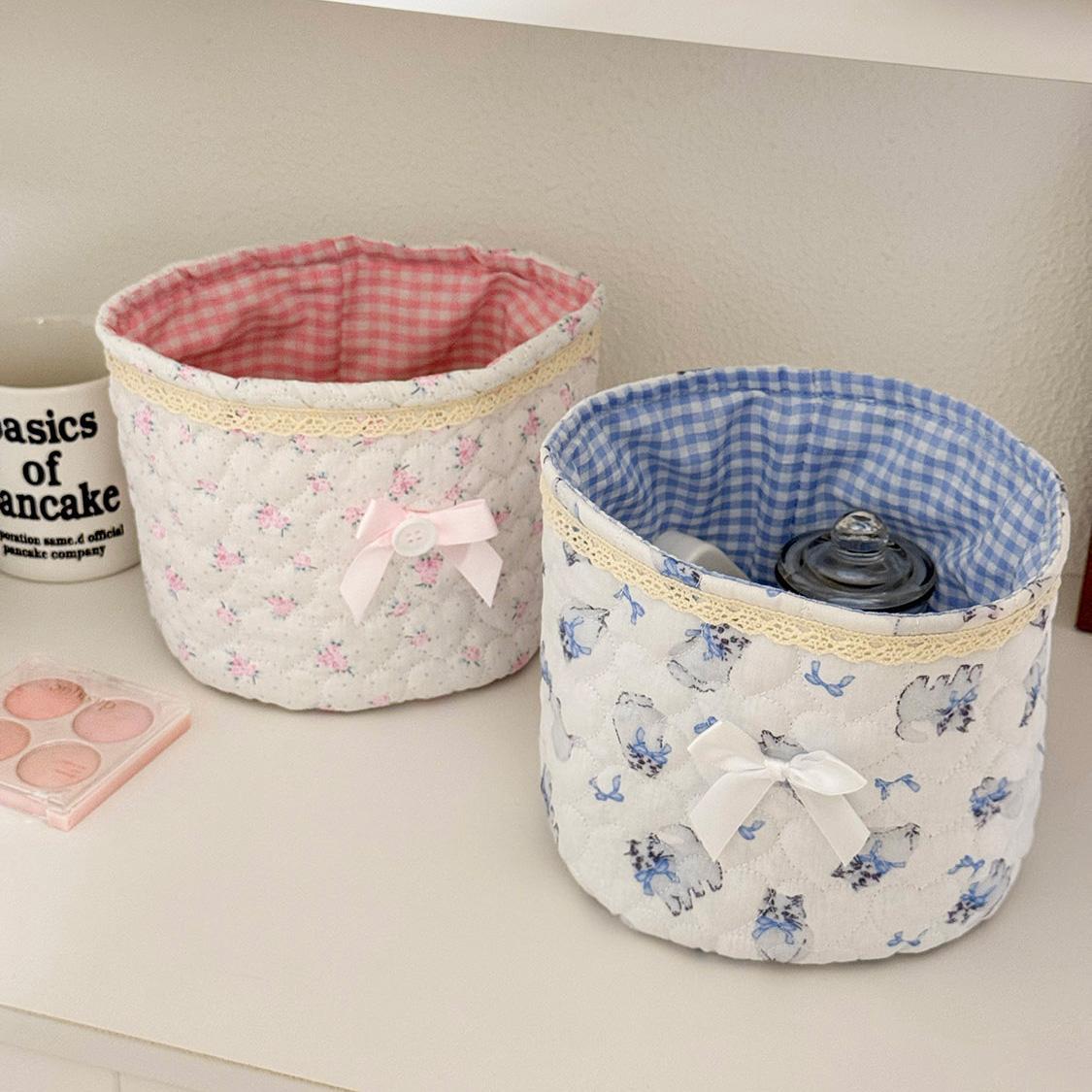 Round storage basket with bow heart patchwork design, plaid lining fabric storage basket, girly desktop organizer