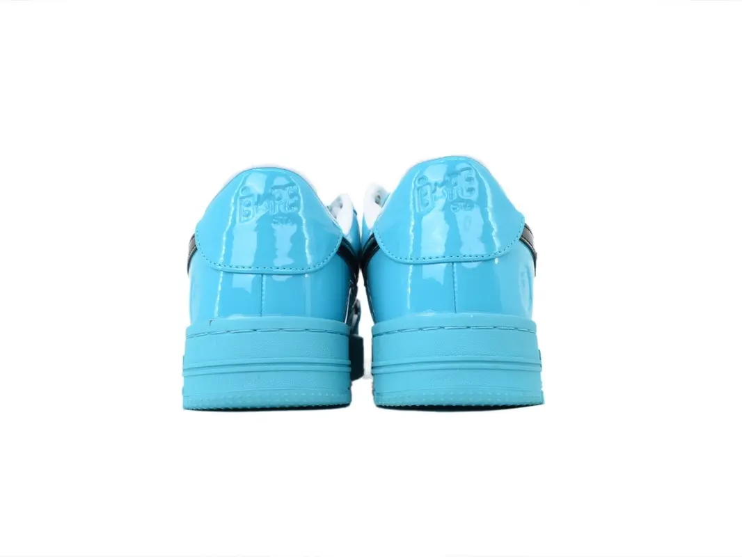 Solid Light Blue Gloss Patent Leather Low Top Platform Skate Sneakers, Contrast Black Stitched Star Graphic Full Blue Cushioned Rubber Outsole White Inner Lining Unisex Y2K Street Daily Walking Trainers