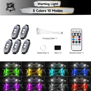 Rechargeable LED Warning Lights with 8Colors 10 Modes, Wireless Remote Control RGB Rock Lights for Car Truck Jeep Underglow Decoration
