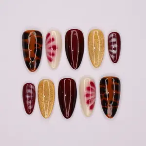 Blooming Brown Elegance, Medium Almond Press-On Nails with Gold Glitter – Perfect for Fall Season, Daily, Holiday or Gift for Her
