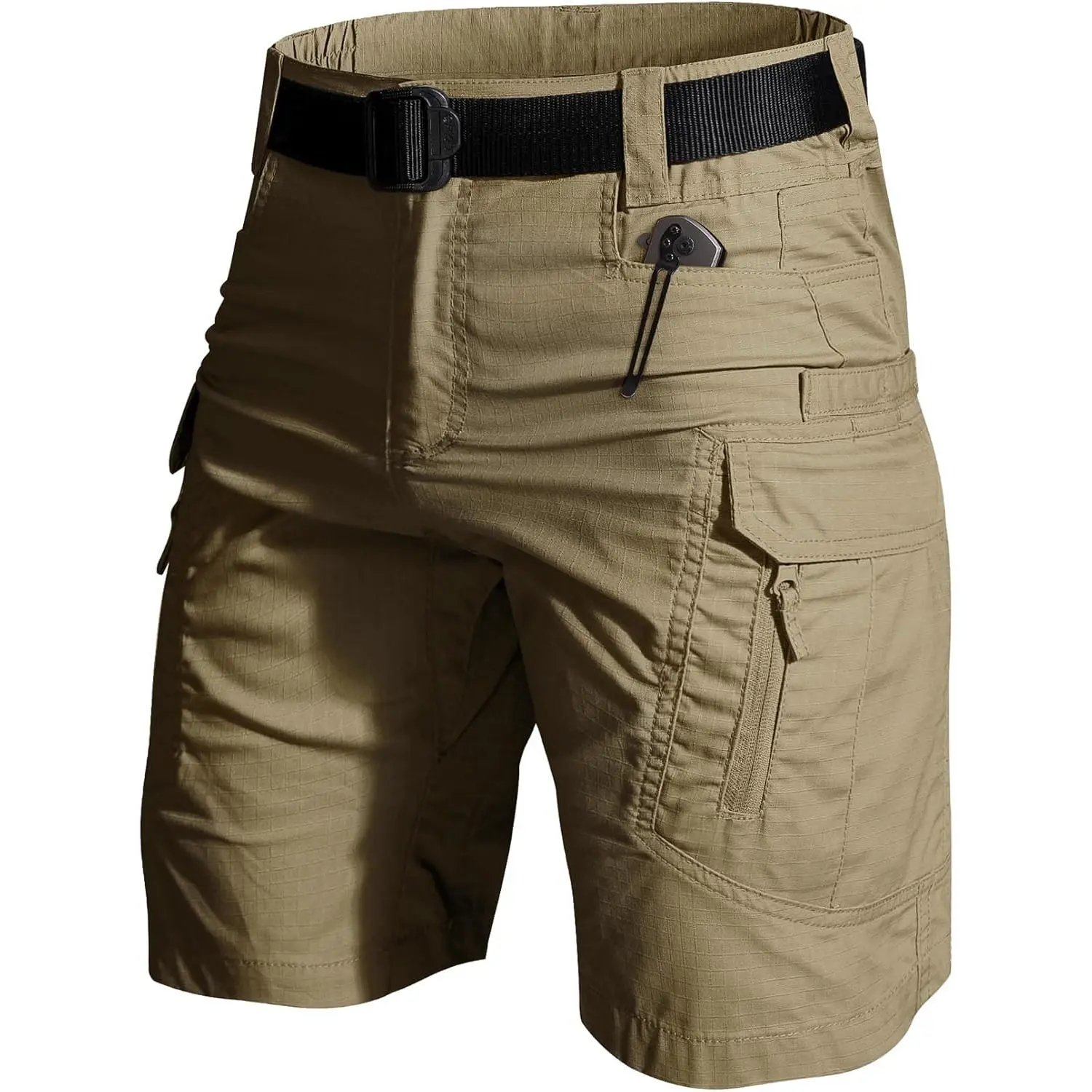 Men's Cargo Pocket Hiking Shorts - Quick Dry, Lightweight, Waterproof, Casual Tactical Shorts with 4 Closed Pockets for Hunting, Camping (No Belt), Elastic Waist, Fishing, Male, Outdoor Interaction
