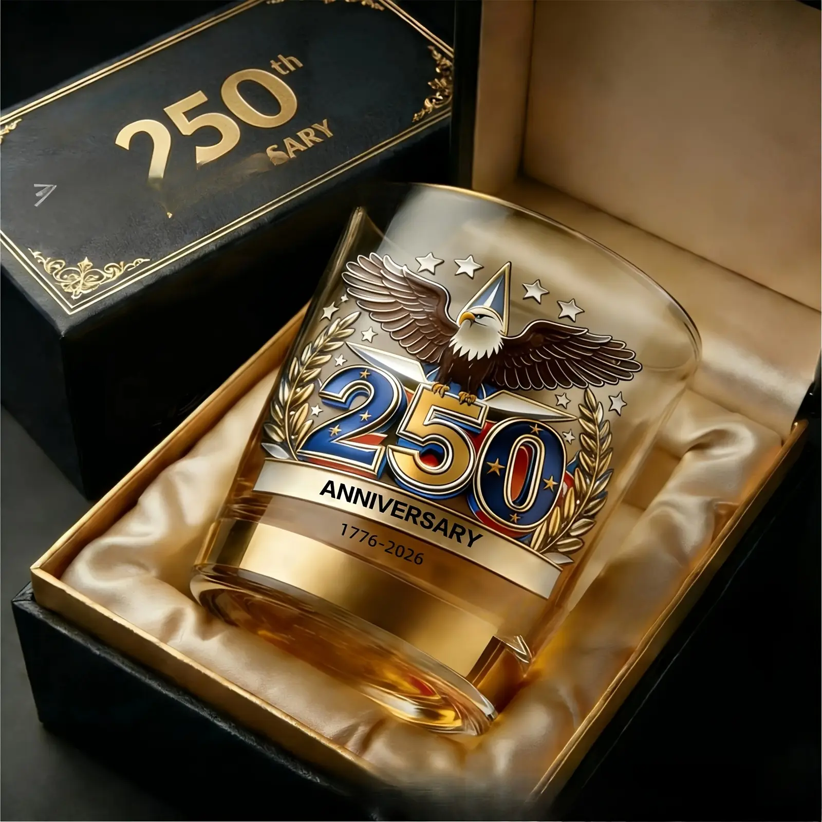 250th Anniversary Commemorative Whiskey Glass Set - Durable Old Fashioned Drink Glassware Drinkware for Adults, Heavy-Duty Home Bar Kitchenware