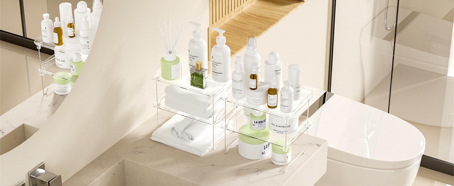 2 Pcs Cabinet Organizer Shelf, Stackable Kitchen Counter Shelves, Spice Rack, Countertop Organizers, Clear Plastic Storage Shelves Rack for Makeup, Bathroom, Cupboard, Desk, Pantry Organization