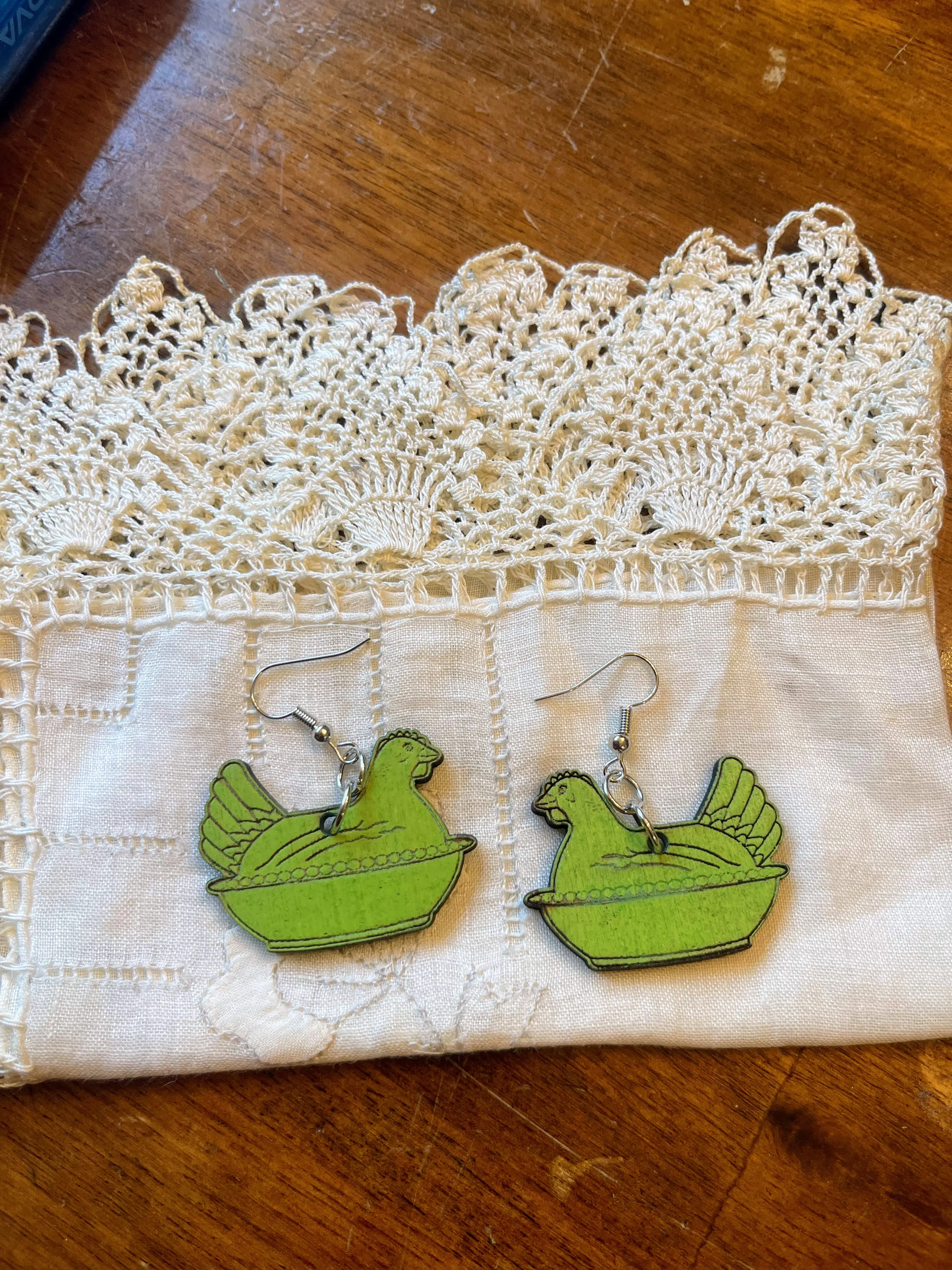 "Uranium" UV Reactive and Glow in the Dark Hen On Nest Wooden Earrings- Handmade by Justin