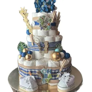 Boy Theme Diaper Cake for Baby Shower - Charming Design with 68 Diapers, Featuring Plush Toys and Decorative Elements