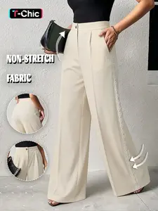 GILIPUR Women's Beige High Waist Button Wide Leg Pants, Elegant Lace Trim Side Straight Leg Trousers, Casual Office Wear Loose Fit Drapey Suit Pants for Commute, Date & Daily Outfits, Elegance, Womenswear, Casual Business Pants