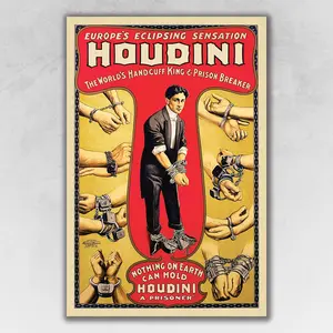 360 Stand Heavyweight Houdini Handcuff King C1920s Artistic Matte Paper Print, 24x36 in Multi-Color Wall Art, Home Decoration Poster for Room Decor, C1920s Print, Vintage Prints