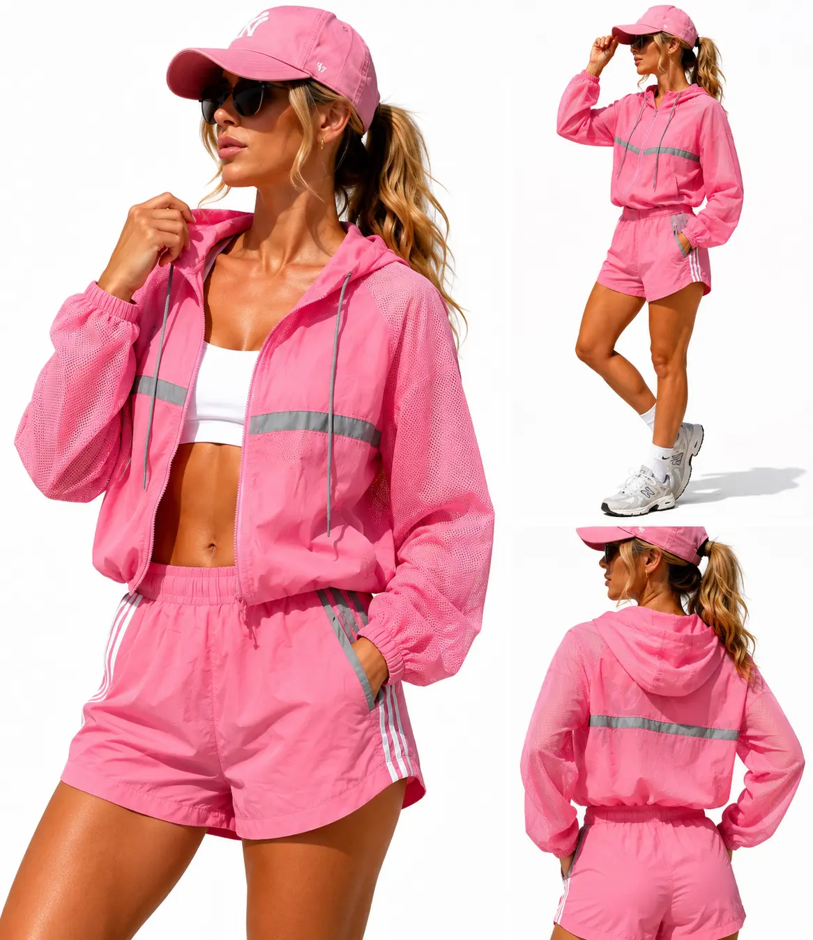 Women's 2-Piece Activewear Set, Techwear Reflective Sun Protection Hoodie & Breathable Mesh Elastic Waist Shorts for Outdoor Workouts, Machine Wash