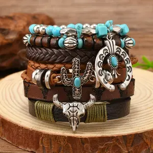 6Pcss Bohemian Style Faux Leather Wooden Beaded Bracelet For Women Men,Vintage Bull Head Moon Cactus Charm,Faux Leather, Ideal for Daily Wear & Christmas Gifts, Cowboy Accessories