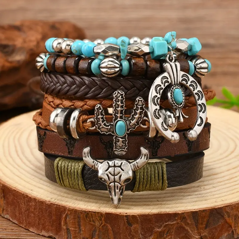 Women's 6-Piece Bohemian PU Leather Wooden Beaded Bracelets - Western Elegance Cowboy Motifs, Vintage Bull Head, Moon, Cactus Charms, Colorful Beadwork, Unisex Ethnic Casual Costume Jewelry for Daily Wear, Christmas Gifts, Yes