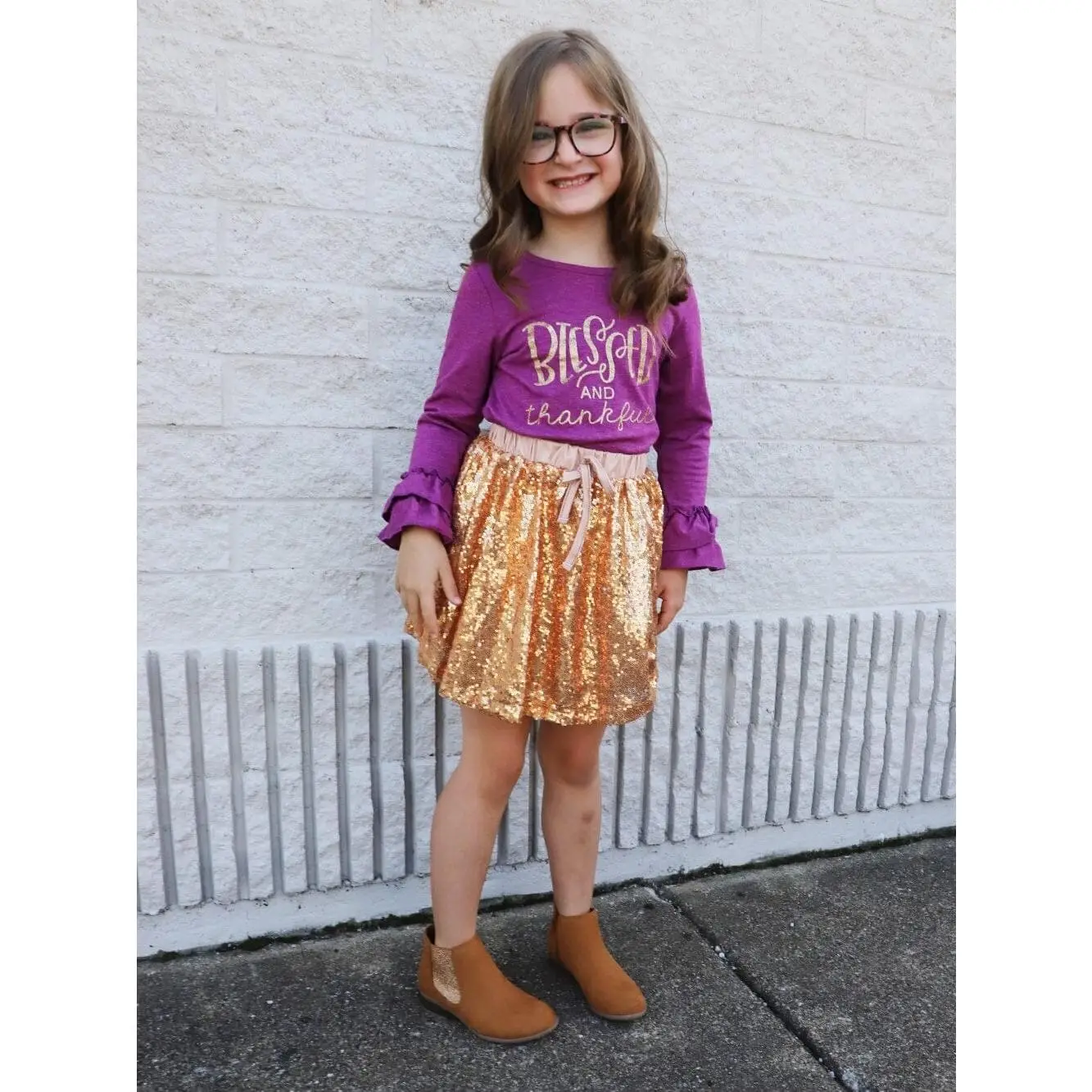 Blessed & Thankful Purple Gold Sequin Ruffle Girls or Toddler Long Sleeve Top and Skirt Thanksgiving Outfit