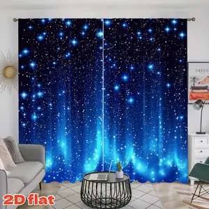 2D Flat 2Pcs Starry Sky & Luminous Effect Window Curtain Panels, Blue Dark Theme, Modern Pole Pocket Style, Semi Sunshade, For Living Room Bedroom Office Study Cafe Decor, Anti Privacy Holiday Home Decoration Gift, Heavy Curtain