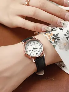 New Round Digital Dial Large Calendar Quartz Watch for Women, Casual Fashion PU Leather Strap Analog Wristwatch, Perfect for School Students