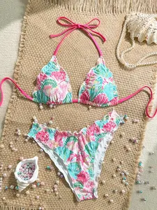 Women's Triangle Bikini Set Ruffles Spaghetti Strap High Cut Ruffle Trim Swimsuit Ditsy Floral Lace Up Two Piece Bathing Suits