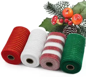 4 Rolls Christmas Mesh Ribbon Deco Metallic Fall Mesh Metallic Foil White Red Green Mesh Rolls for Christmas Project Wreaths Party Decorations Wrapping Craft