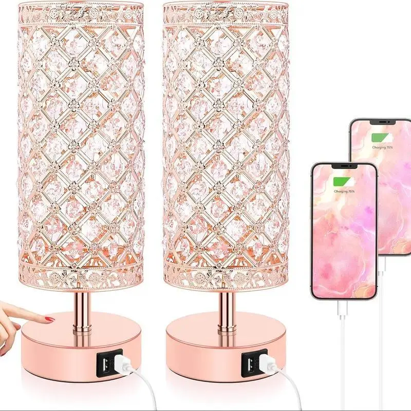 Touch Control Crystal Table Lamps With 2 USB Ports, Mother's Day Gift Dimmable Bedside Nightstand Lamps With Decorative Crystal, Small Table Lamps For Bedroom Living Room, Office, Led Bulbs Included