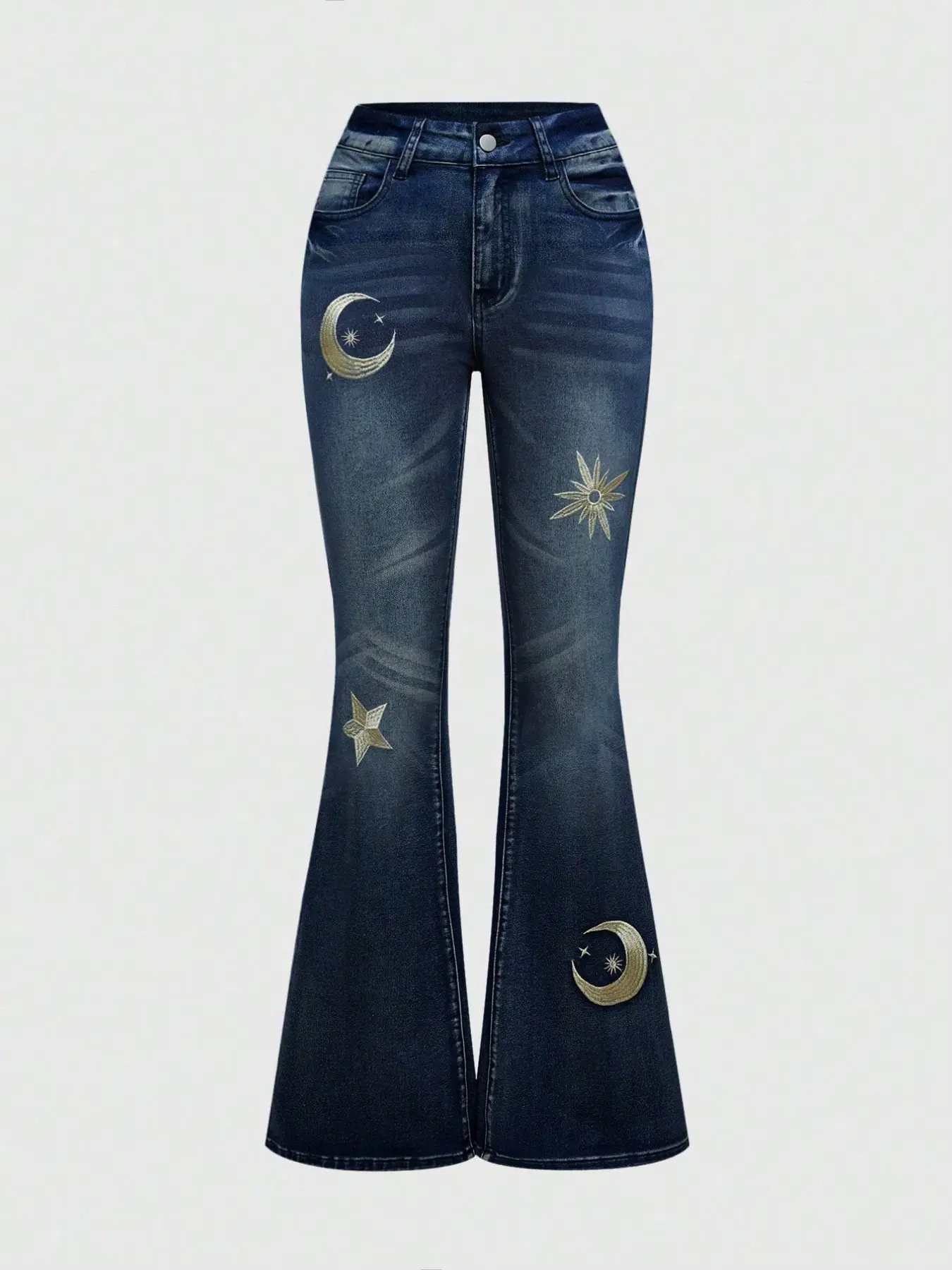 Western American Dark Blue Washed Flare Jeans, Embroidery Jeans, High Waisted Slimming Sun Moon Star Embroidered Bell Bottom Pants, Bohemian Y2K Retro Streetwear Denim Trousers for Women, Perfect for Road Trip, Festival, Vacation