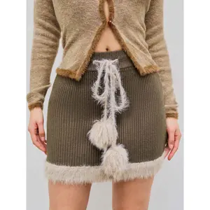 Cider [size 2-10] Knitted Fuzzy Middle Waist Solid Mini Skirt Dealsforyou