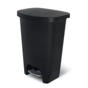 13-gallon trash can |   Plastic kitchen trash can with anti-odor lid |   Hands-free operation, equipped with a foot-operated pedal and garbage bag ring, black color