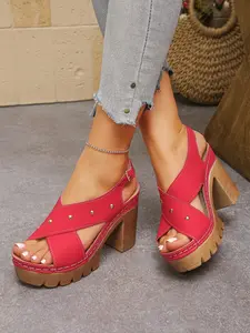 2026 Summer New Chunky Heel Sandals, Women's Fashion Simple Elegant Thick Sole Retro Open-Toe Sandals, PU Leather Rubber Sole