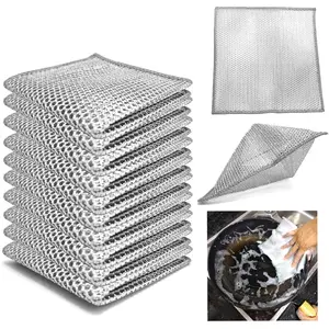 Double layer metal wire scratch free cloth, dry and wet dual-purpose metal wire dishwashing cloth, suitable for kitchen cleaning, cookware, tableware, sink, stove, etc., easy to rinse (10 pieces)