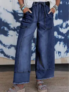 Denim Drawstring Pants with Seam Detail Raw Hem Wide Leg Stretchy for All Seasons Casual Wear