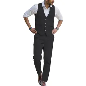 WOMS Mens Linen Suit 2 Piece Casual Summer Suits for Men Groomsmen Beach Wedding Party Vest Pants Suit