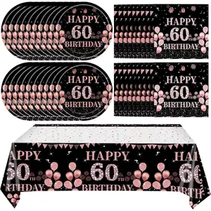 41Pcs 60th Birthday Decorations for Women Vintage 60 Birthday Black and Rose Gold Disposable Paper Plates Napkins Party Supplies for 20 Guests Include 7" Plates Napkins and Tablecloth