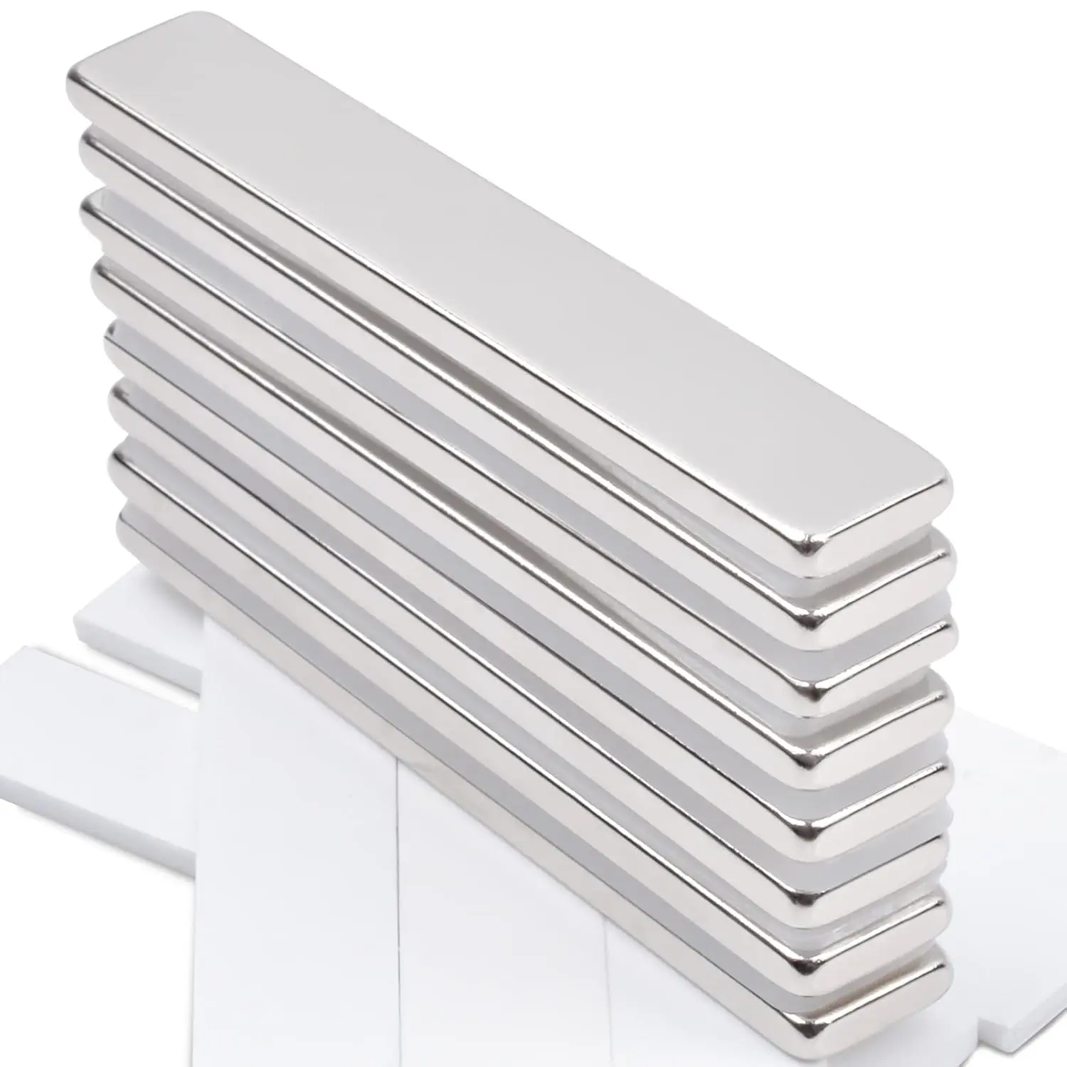 Powerful Neodymium Bar Magnets, Permanent Strong Rare Earth Magnet Bar with Double Sided Adhesive, Heavy Duty Bar Magnets for Kitchen, Fridge, Garage, Office, 60x10x3 mm 8 Pack