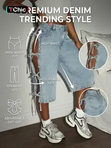 Women's New Denim Mid-Thigh Pants Spring Summer Breathable Trendy Design Fashion Elegant Casual Fitted Jeans Button