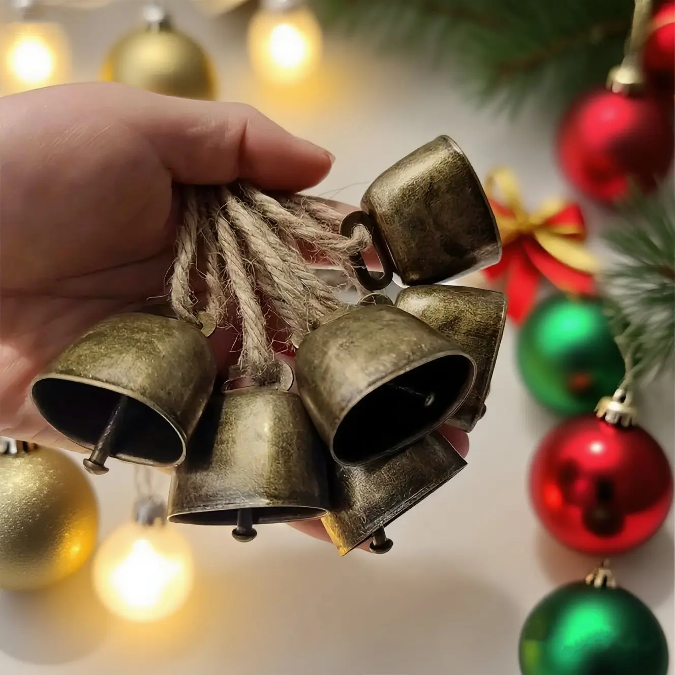 Set of 6 Metal Christmas Bells Decorations, Vintage Bronze Color, Perfect for Holiday Home & Outdoor Parties, Pet Accessories Ornaments