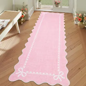 2x6 Scalloped Bow Rug for Living Room,Solid Pink Rug for Dorm,Washable Runner Rugs Soft Low Pile Non Slip Scalloped Rugs for Nursery Bedroom Decor Hallway Entryway Playroom