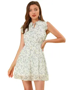 INSPIRE CHIC Women's Summer Floral Ruffle Sleeveless Tie Neck Chiffon Flowy Mini Dress