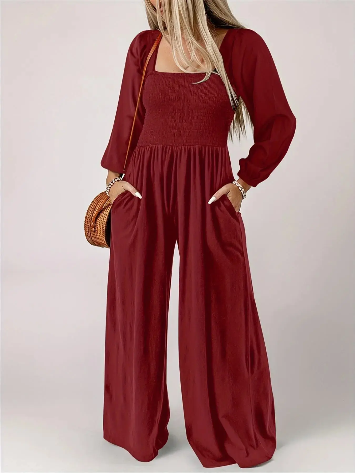 [Plus Size] Solid Color Shirred Pocket Bishop Sleeve Jumpsuit, Casual Long Sleeve Square Neck Jumpsuit for Fall & Winter, Women's Clothes for Daily Wear