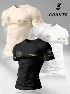 Men's 3-Pack Short Sleeve T-Shirts, Round Neck, Mexican Emblem Print, Casual Comfortable Summer Wear, Versatile Fashion