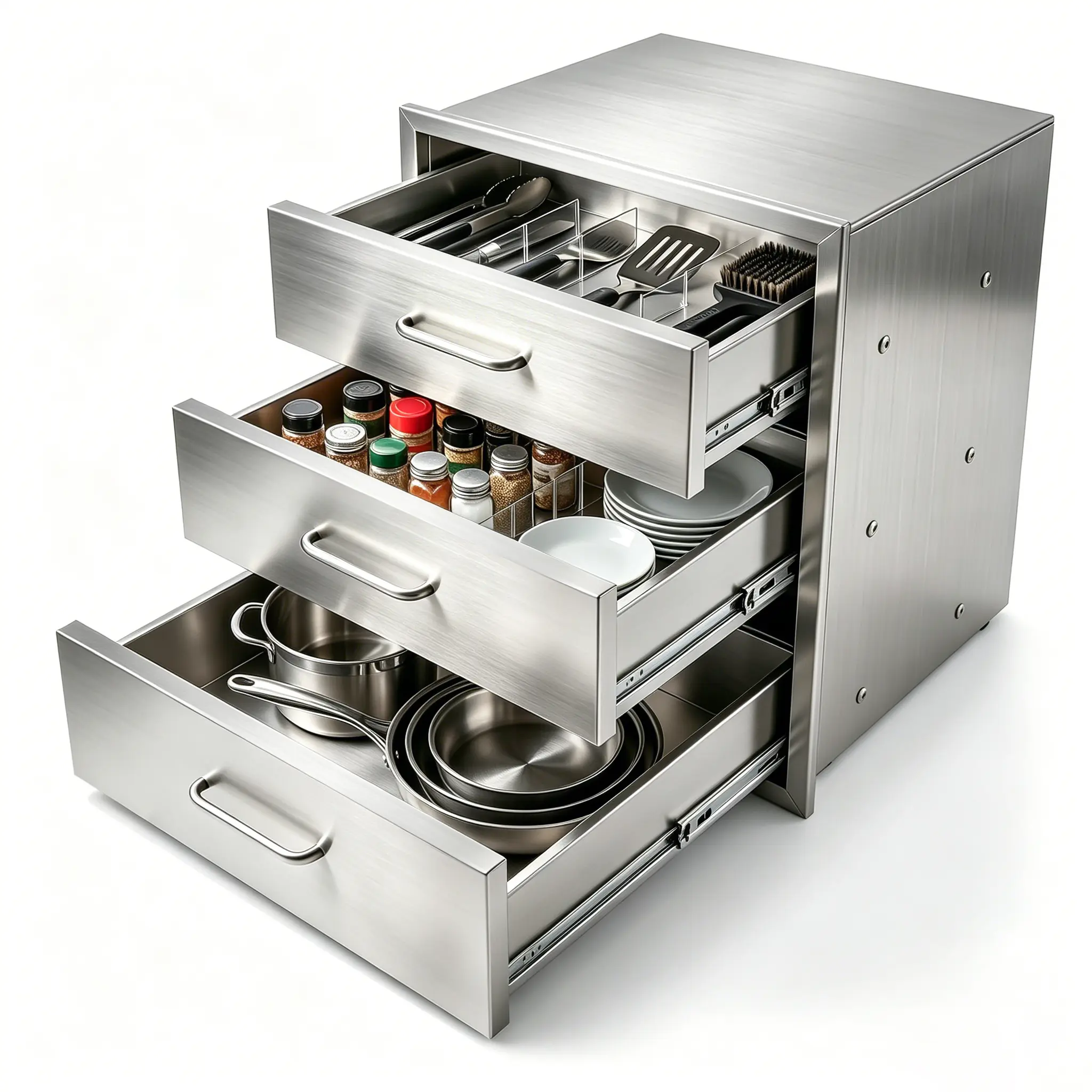 Outdoor Kitchen Drawers 18" W x 23.2" H x 23.1" D Flush Mount Triple BBQ Storage Drawers, 304 Stainless Steel Triple Access with Chrome Handle, BBQ Island Drawers, Grill Drawers Storage for Outdoor Kitchen Island, Patio Grill Station commercial