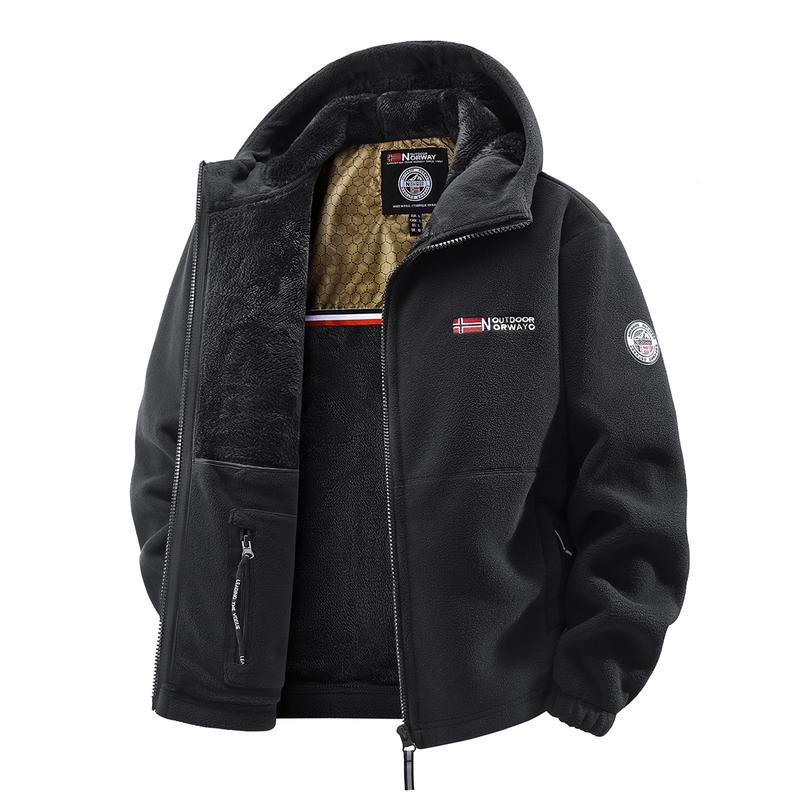 Men's Outdoor Heavyweight Fleece Jacket - Double-Sided Warm Hooded Coat with Full Zip, Multi Pockets & Machine Washable Polyester for Camping Hiking Casual Wear