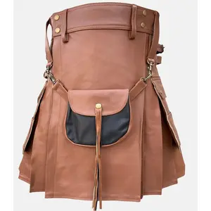 Modern Style Brown Leather Kilt with Multi Pockets