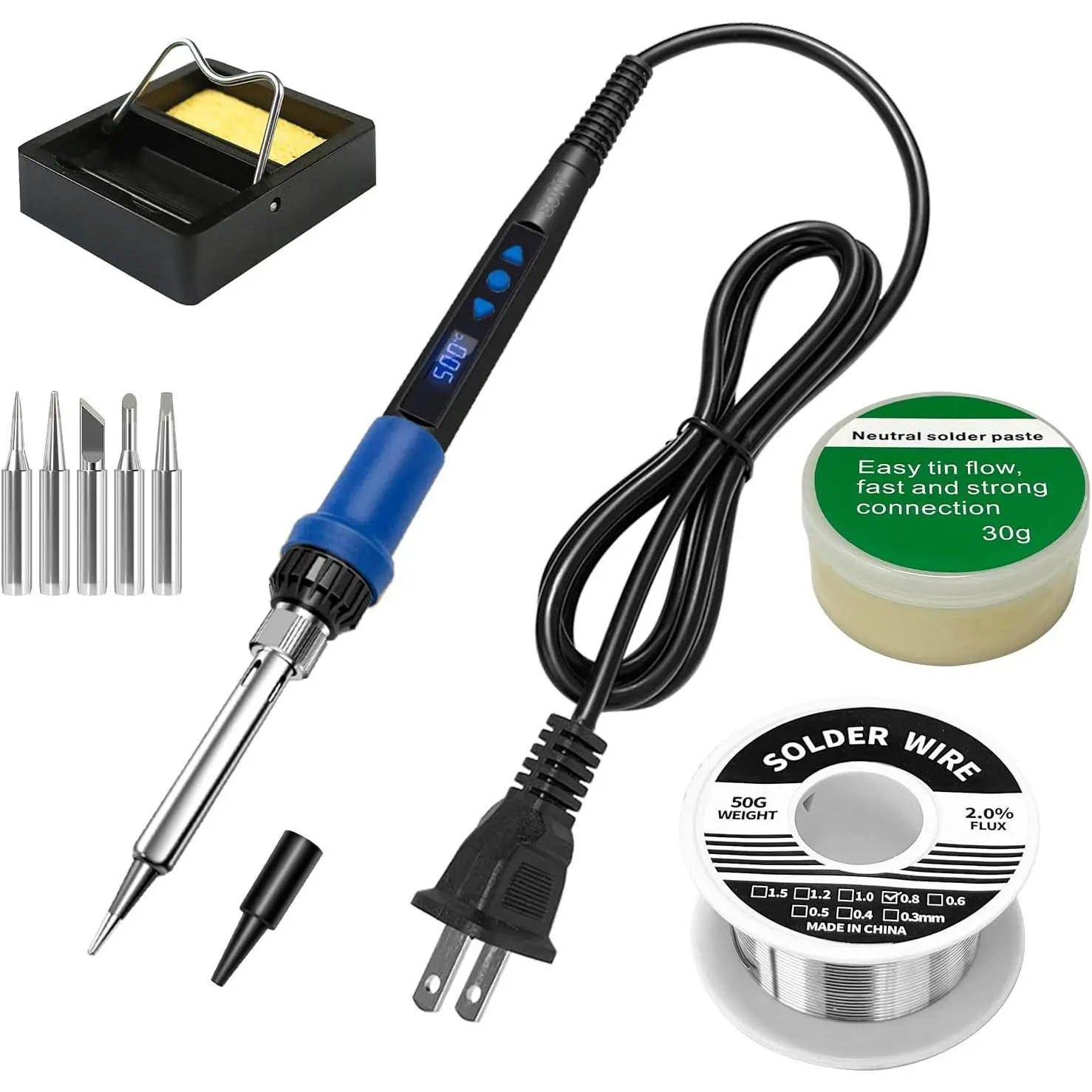 Soldering Iron Kit,80W LED Display Temperature Soldering Iron Kit with Sleep Mode, Includes 5 Tips, Solder Wire, Stand, Flux - Blue Tool for Repair and DIY